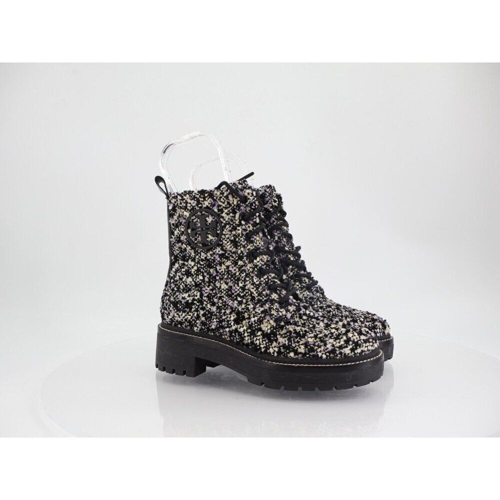 Tory Burch Miller Lug Sole Tweed & Leather Bootie Size 5 Black Women Combat Boot